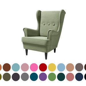 May include: A sage green wingback armchair with three button details on the backrest. The chair has curved armrests and sits on four black wooden legs. A color palette of various hues is displayed below the chair.