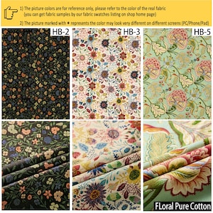 May include: Three fabric swatches labeled HB-2, HB-3, and HB-5. HB-2 features a black background with small orange, blue, and white flowers. HB-3 has a cream background with colorful floral patterns. HB-5 displays large pink and yellow flowers on a light green background.