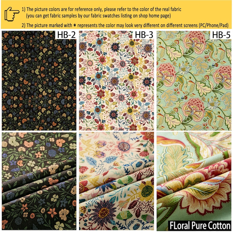 May include: Three fabric swatches labeled HB-2, HB-3, and HB-5. HB-2 features a black background with small orange, blue, and white flowers. HB-3 has a cream background with colorful floral patterns. HB-5 displays large pink and yellow flowers on a light green background.