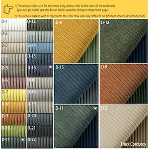 Peut inclure: Un nuancier de 22 nuances diff&eacute;rentes de tissu en velours c&ocirc;tel&eacute;. Le tissu est &eacute;pais et c&ocirc;tel&eacute;. Les couleurs vont du clair au fonc&eacute; et comprennent des nuances de jaune, vert, bleu, marron et gris. Le nuancier est &eacute;tiquet&eacute; avec la lettre "D" suivie d'un nombre de 1 &agrave; 22. Le nuancier comprend &eacute;galement le texte "Velours c&ocirc;tel&eacute; &eacute;pais".