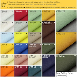 May include: A color chart displaying twenty-five swatches of cotton fabric in various shades including white, red, green, yellow, brown, blue, beige, pink, and orange. Each swatch is labeled with a code like CRM-1 and includes a star symbol.