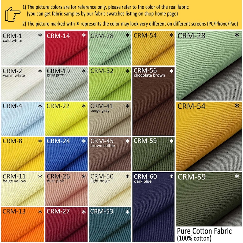 May include: A color chart displaying twenty-five swatches of cotton fabric in various shades including white, red, green, yellow, brown, blue, beige, pink, and orange. Each swatch is labeled with a code like CRM-1 and includes a star symbol.