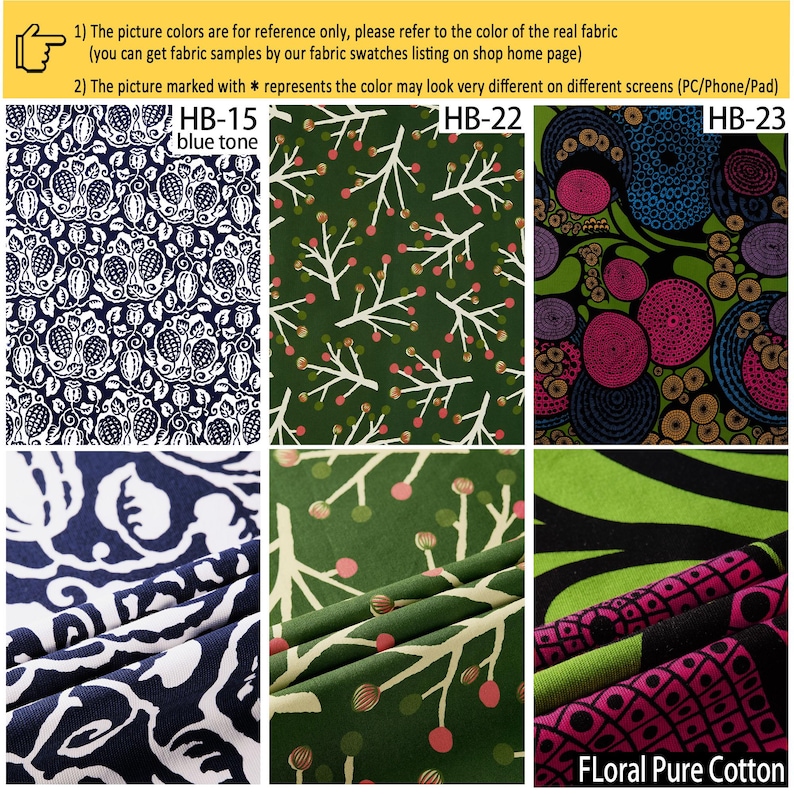 May include: Three fabric patterns labeled HB-15, HB-22, and HB-23. HB-15 features a white floral print on a blue background. HB-22 shows white branches with pink berries on a green background. HB-23 displays pink and blue circular patterns on green.