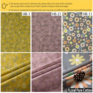 May include: Three fabric patterns labeled HB-1, HB-21, and HB-11. HB-1 is mustard yellow with small white flowers and green leaves. HB-21 is dusty pink with delicate floral sprigs. HB-11 features a gray background with large yellow and orange daisies.