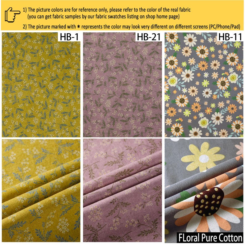 May include: Three fabric patterns labeled HB-1, HB-21, and HB-11. HB-1 is mustard yellow with small white flowers and green leaves. HB-21 is dusty pink with delicate floral sprigs. HB-11 features a gray background with large yellow and orange daisies.