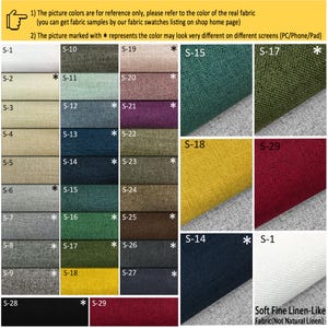 May include: A color chart of fabric swatches with different colors and textures. The swatches are labeled with numbers and letters. The chart is titled "Soft Fine Linen-Like Fabric (Not Natural Linen)".