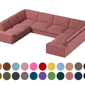 Op de afbeelding: Een grote, roze hoekbank met een chaise longue. De bank heeft een modern ontwerp en is perfect voor een woonkamer of familiekamer.