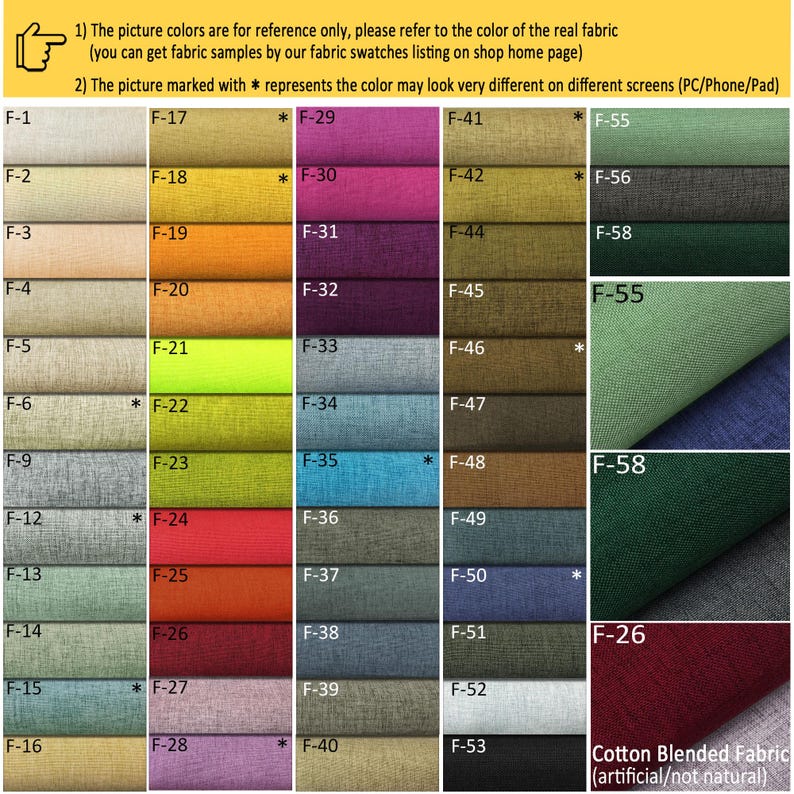 Peut inclure: Un nuancier de tissus avec diff&eacute;rentes couleurs et textures. Le nuancier est num&eacute;rot&eacute; de F-1 &agrave; F-58. Le texte en bas du nuancier indique "Tissu m&eacute;lang&eacute; de coton (artificiel/non naturel)".