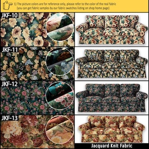 May include: A collection of four Jacquard knit fabrics labeled JKF-10 through JKF-13, each featuring distinct floral patterns in various color palettes, displayed alongside corresponding three-cushion sofas to demonstrate the upholstery application.