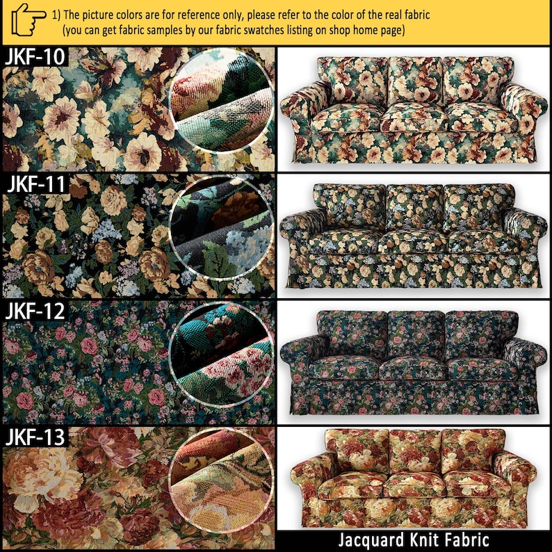 May include: A collection of four Jacquard knit fabrics labeled JKF-10 through JKF-13, each featuring distinct floral patterns in various color palettes, displayed alongside corresponding three-cushion sofas to demonstrate the upholstery application.