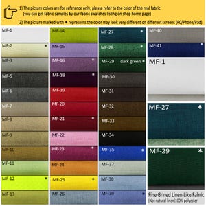 May include: A color chart of fabric swatches with different colors and textures. The swatches are labeled with numbers and the text "Fine Grined Linen-Like Fabric (Not natural linen)100% polyester".