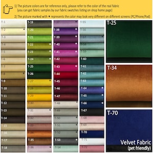 May include: A chart of 72 different velvet fabric swatches, labelled with numbers T-1 through T-72. The swatches are arranged in rows and columns, and each swatch is a different colour. The text "Velvet Fabric (pet friendly)" is at the bottom of the chart.