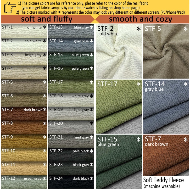 May include: A fabric swatch chart displaying twenty-four color options for soft and fluffy or smooth and cozy teddy fleece. The grid includes labels like off white, beige gray, dark brown, blue gray, and dark black, with asterisks indicating color variations.