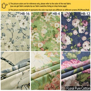 May include: Three fabric swatches labeled HB-16, HB-4, and HB-12, featuring floral patterns. HB-16 has white flowers on a light green background. HB-4 displays a dense mix of pink, white, and yellow flowers on green. HB-12 shows pink and white flowers on navy.