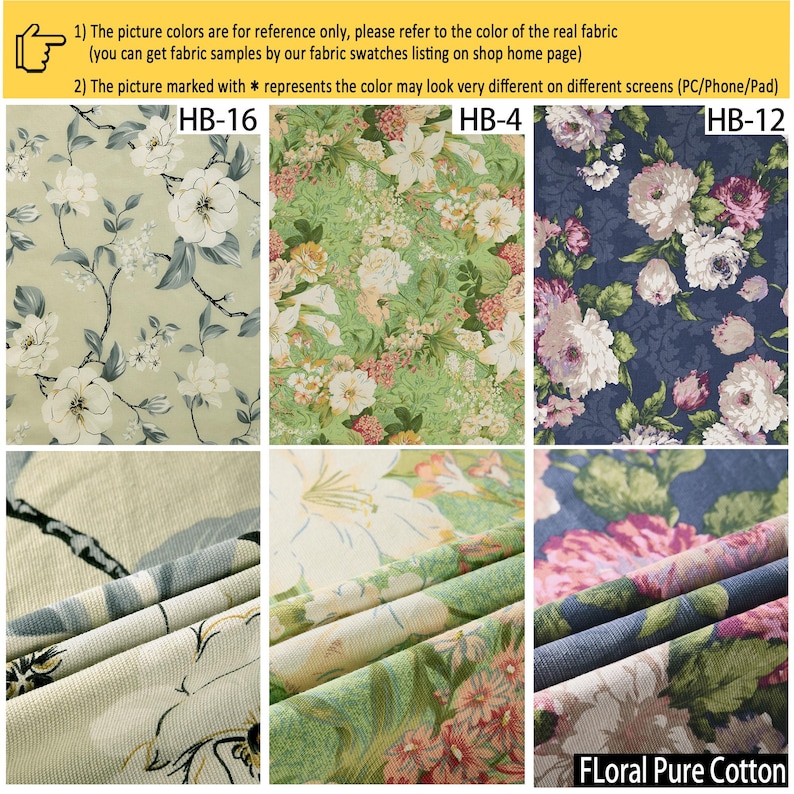 May include: Three fabric swatches labeled HB-16, HB-4, and HB-12, featuring floral patterns. HB-16 has white flowers on a light green background. HB-4 displays a dense mix of pink, white, and yellow flowers on green. HB-12 shows pink and white flowers on navy.