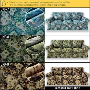 May include: Three sofas upholstered in jacquard knit fabric with floral patterns. JKF-7 features a teal and white daisy design, JKF-8 displays a green and white floral motif, and JKF-9 shows a brown and cream floral pattern with textured weaves.