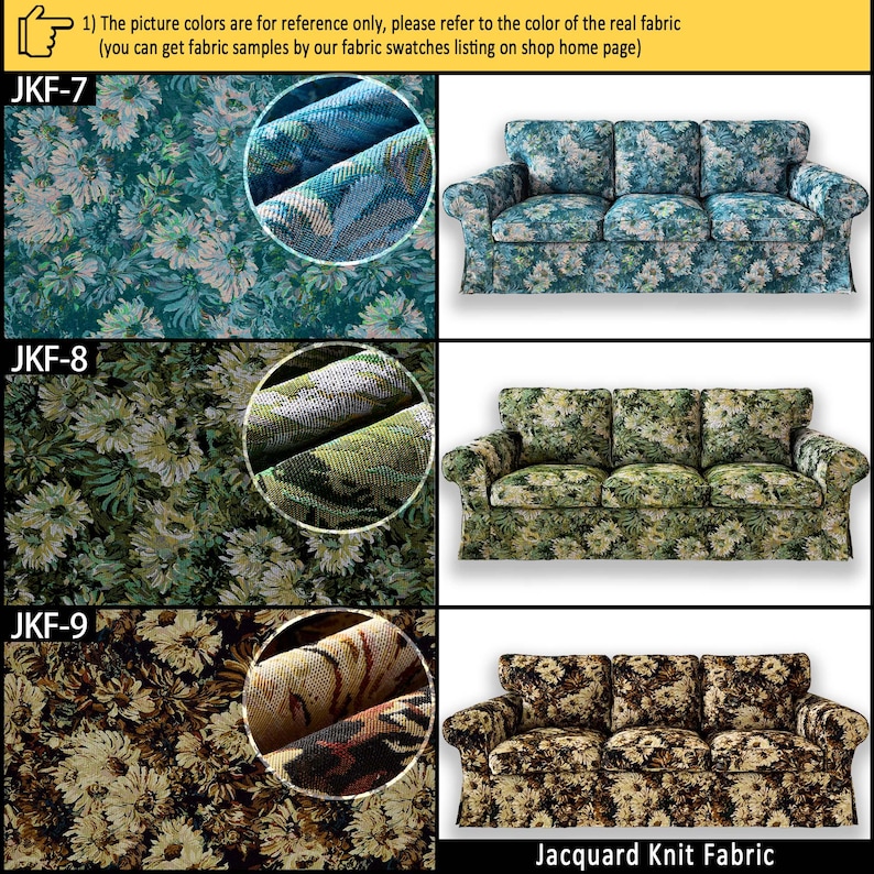 May include: Three sofas upholstered in jacquard knit fabric with floral patterns. JKF-7 features a teal and white daisy design, JKF-8 displays a green and white floral motif, and JKF-9 shows a brown and cream floral pattern with textured weaves.