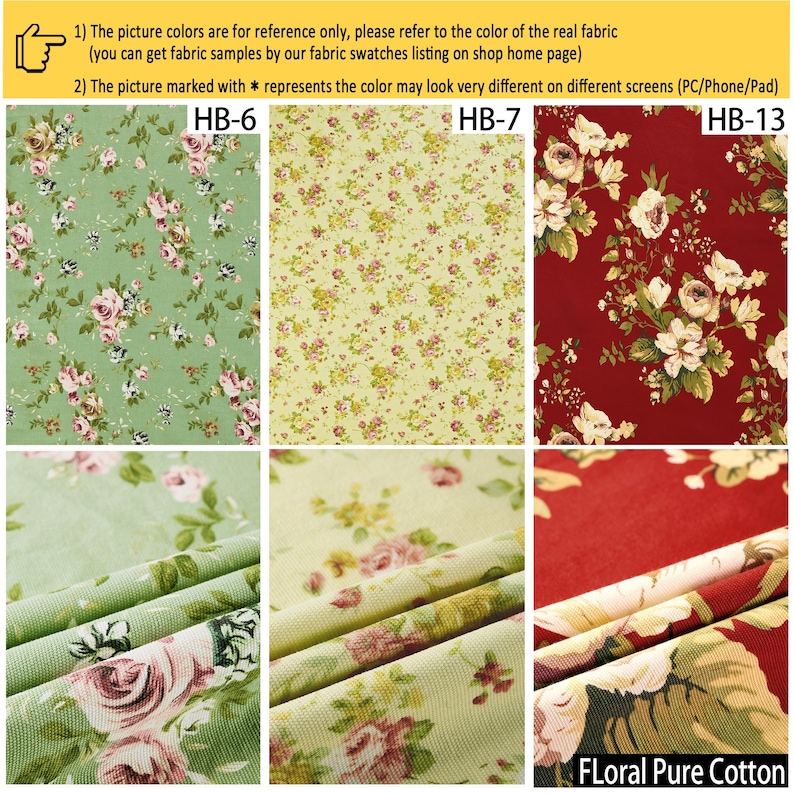 May include: Three fabric swatches labeled HB-6, HB-7, and HB-13 featuring floral patterns. HB-6 is sage green with pink roses, HB-7 is pale yellow with small floral clusters, and HB-13 is deep red with large cream and white rose bouquets.