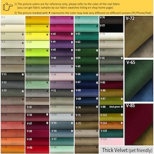 Peut inclure: Un nuancier de tissus d'ameublement. Le nuancier comprend 20 rang&eacute;es d'&eacute;chantillons de tissus, chacun avec une couleur et une texture diff&eacute;rentes. Les &eacute;chantillons sont &eacute;tiquet&eacute;s avec un code, tel que "V-1" ou "V-21". Le nuancier comprend &eacute;galement le texte "Velours &eacute;pais (adapt&eacute; aux animaux domestiques)".