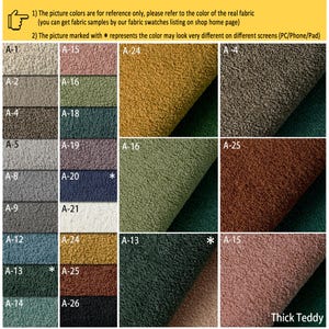 May include: Swatch card showing 26 different colors of thick teddy fabric. The colors range from light gray to dark brown. The card is labeled "Thick Teddy".