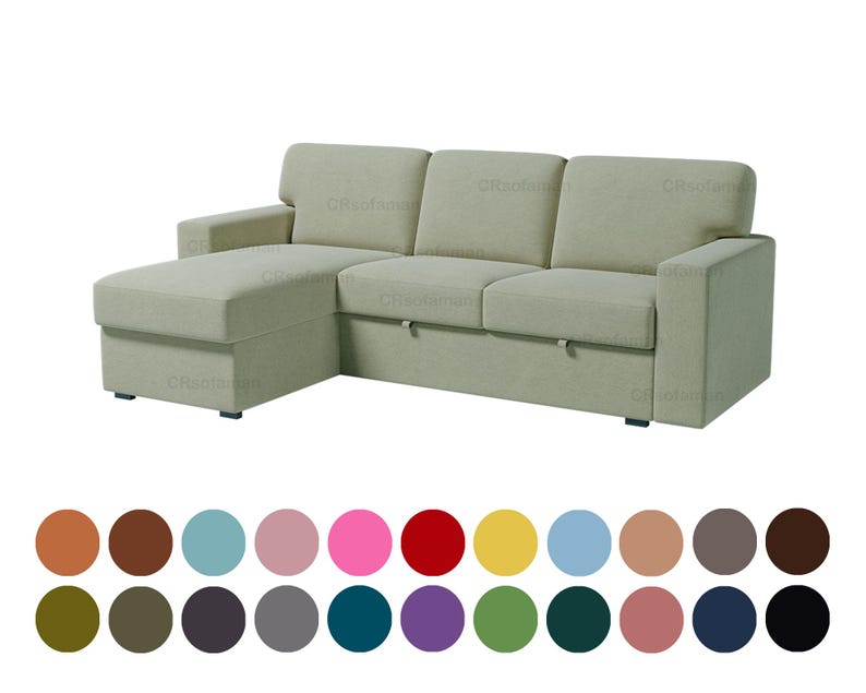 May include: A light beige sectional sofa with a chaise lounge on the left side. The sofa has three seat cushions and a pull-out drawer. The image also shows a color palette of various colors.