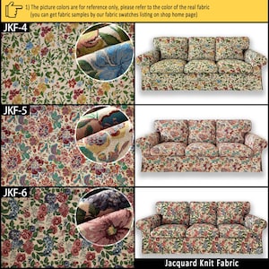 May include: Three jacquard knit fabric patterns labeled JKF-4, JKF-5, and JKF-6, each displayed as a flat textile swatch with a circular close-up and a three-cushion sofa upholstered in the corresponding floral print with green leaves.