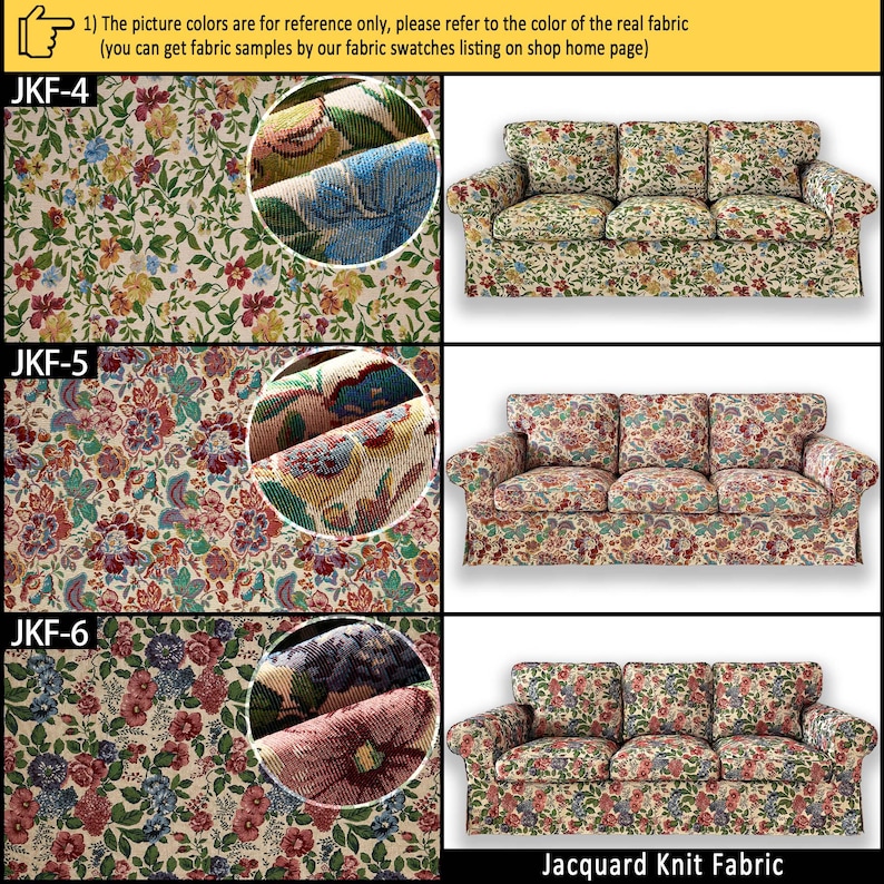 May include: Three jacquard knit fabric patterns labeled JKF-4, JKF-5, and JKF-6, each displayed as a flat textile swatch with a circular close-up and a three-cushion sofa upholstered in the corresponding floral print with green leaves.