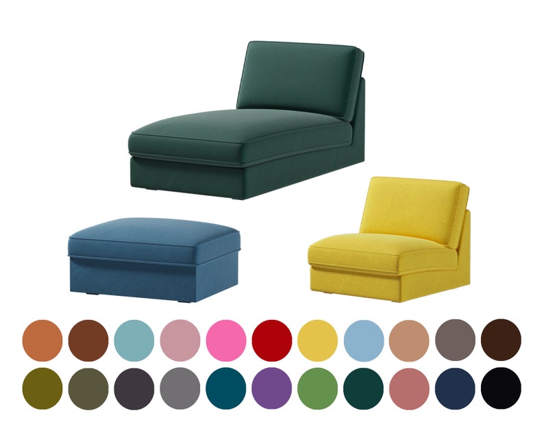 May include: A set of three furniture pieces: a dark green chaise lounge, a blue ottoman, and a yellow armchair. The furniture is upholstered in a soft, textured fabric.