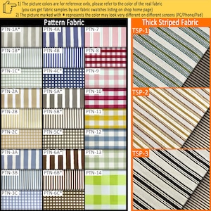 May include: A fabric swatch catalog displaying various patterns and colors. The left section features grid-labeled squares of striped, checkered, and gingham fabrics in shades of blue, pink, red, yellow, green, brown, and gray. The right section shows three thick striped fabric samples in blue-green, gold-brown, and black-white colorways.
