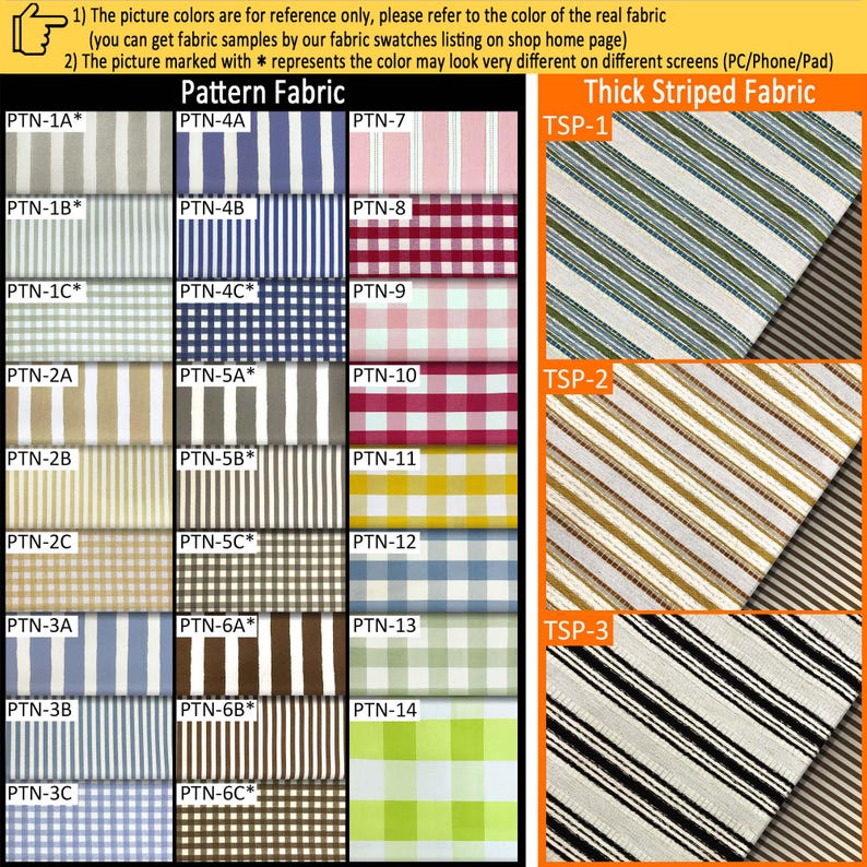 May include: A fabric swatch catalog displaying various patterns and colors. The left section features grid-labeled squares of striped, checkered, and gingham fabrics in shades of blue, pink, red, yellow, green, brown, and gray. The right section shows three thick striped fabric samples in blue-green, gold-brown, and black-white colorways.