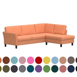 May include: An L-shaped sectional sofa upholstered in a solid peach-colored fabric, featuring a chaise lounge on the right side, three back cushions, and dark brown legs. Below the sofa are twenty-four circular color swatches in various hues.