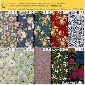 May include: A collection of ten fabric swatches labeled HB-11 through HB-23, featuring diverse floral and botanical patterns in various color palettes including gray, navy, teal, red, cream, light blue, mauve, dark green, and black with pink.