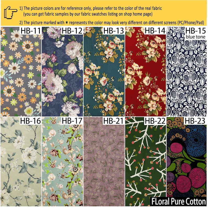 May include: A collection of ten fabric swatches labeled HB-11 through HB-23, featuring diverse floral and botanical patterns in various color palettes including gray, navy, teal, red, cream, light blue, mauve, dark green, and black with pink.