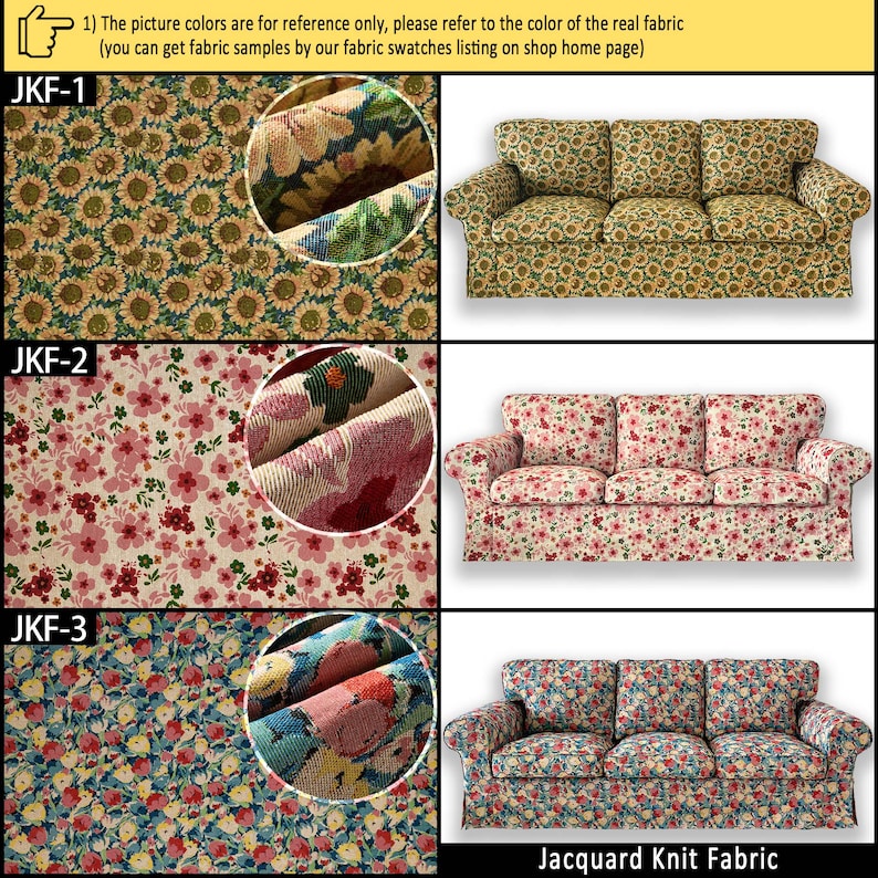 May include: Three jacquard knit fabric patterns displayed with corresponding sofa upholstery examples. JKF-1 features sunflowers, JKF-2 shows pink and red floral motifs on cream, and JKF-3 displays a dense multi-colored floral print on blue.