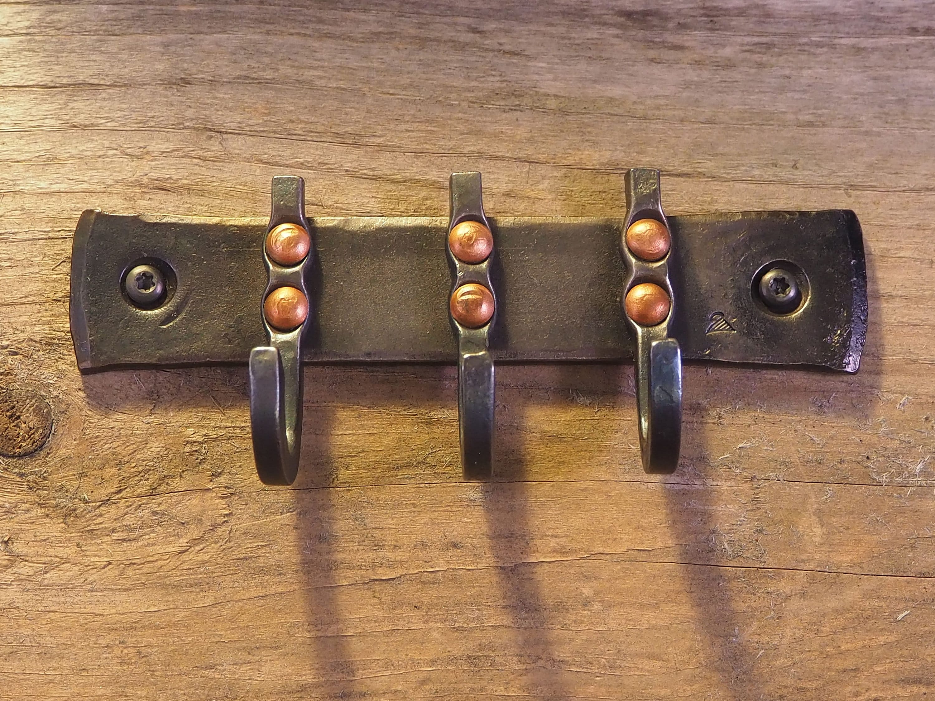Hand forged iron wall hanger with three hooks, key hanger, jewelry rack, kitchen towel hanger with copper rivets