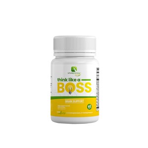 Op de afbeelding: Een witte fles Wholepreneur supplementen met een witte deksel. Het etiket leest "think like a BOSS" in geel en groen, met "Brain Support" eronder. De fles bevat 60 capsules en is bedoeld voor ondernemers.