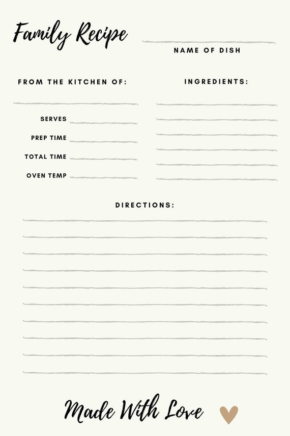 Family Recipe Template Printable Recipe Template Recipe Etsy