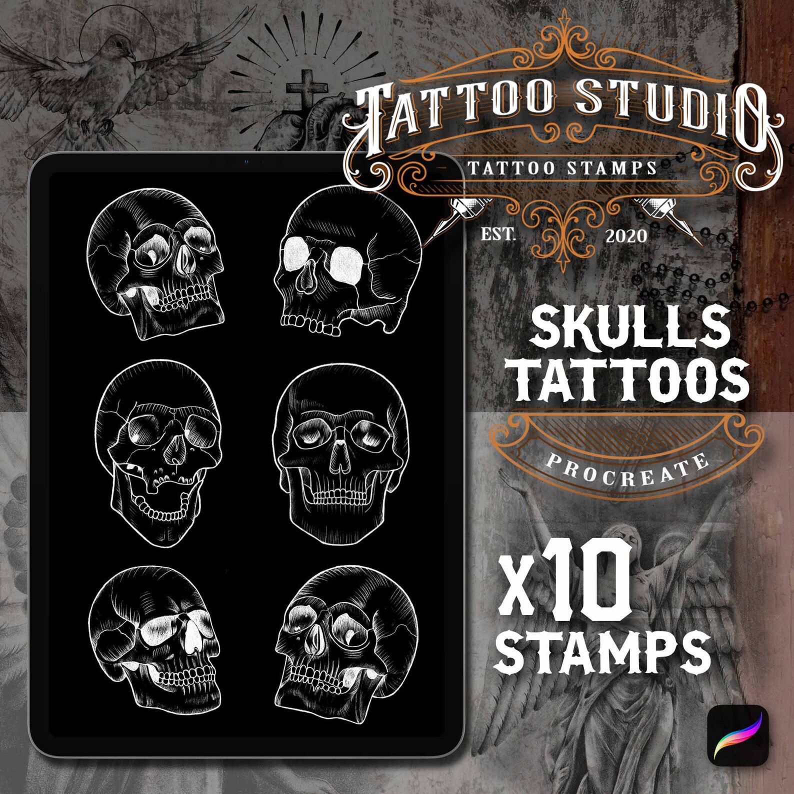 Procreate Skull Stencil Tattoo Procreate Stamps Etsy