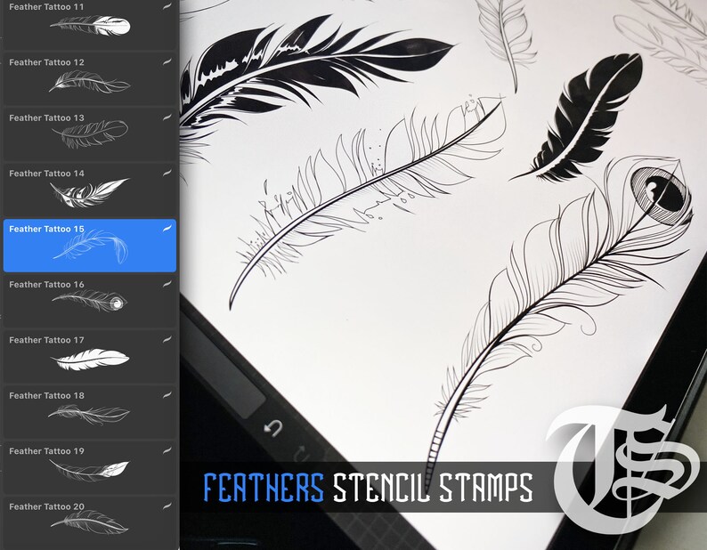 20 Feathers Stencil Tattoo Procreate Stamps Etsy