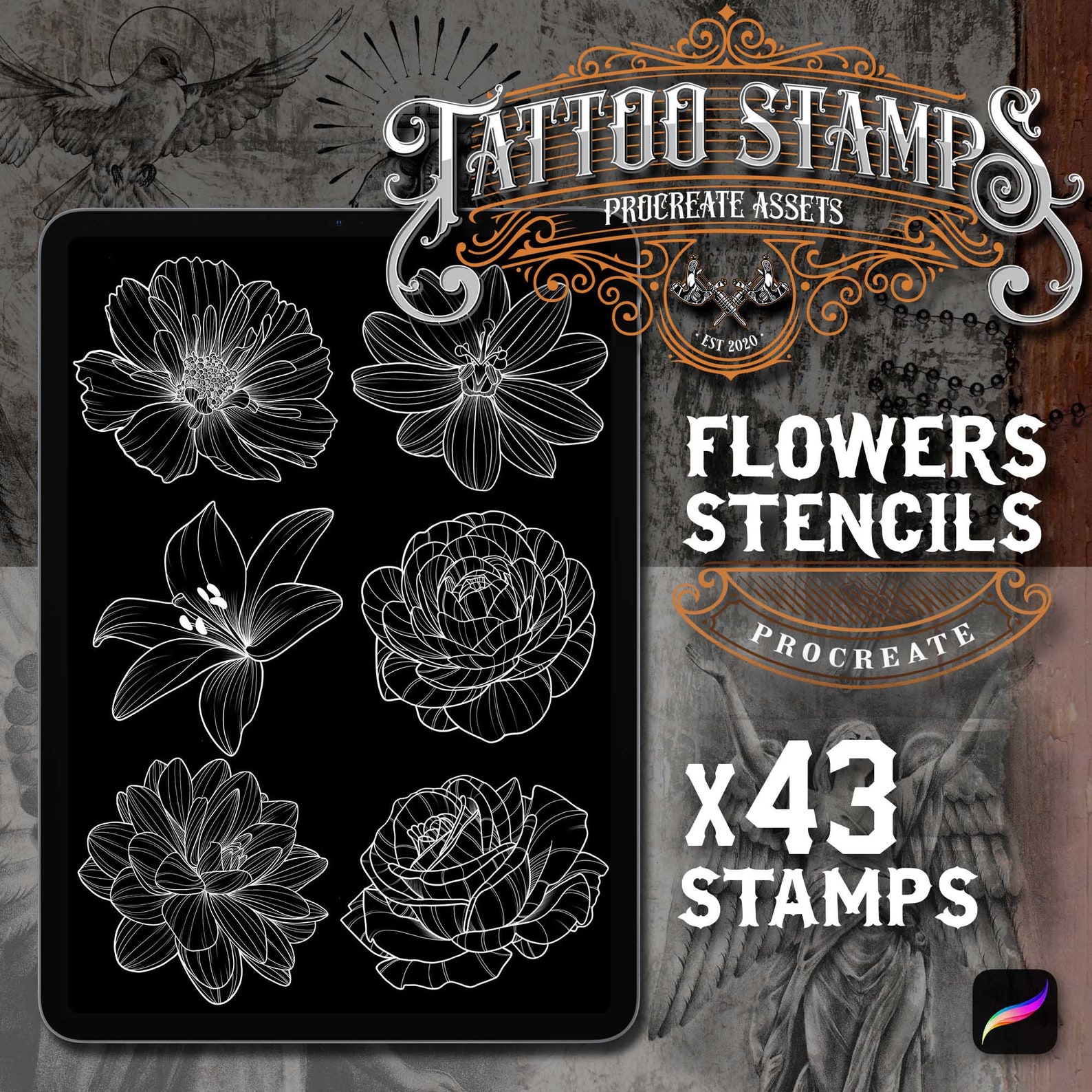 43 Blumen Schablone Pinsel Procreate Tattoo stempel iPad Etsy