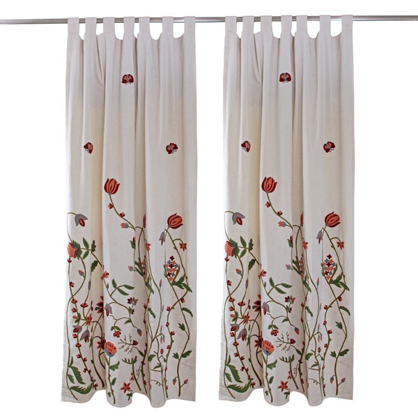 The Blooming Butterfly Custom Length Width Cotton Linen Hand Embroidered Curtains-Customizable Size Color Drapes Drapery Window Door Panel