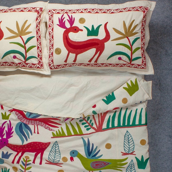 The Wildlife Hand Embroidered Cotton Linen Customizable Duvet Cover Sheet Pillowcase Set- Handmade Animals Jungle Scene Kids Nursery Toddler