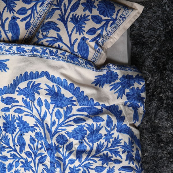 The Unison Hand Embroidered Cotton Linen Custom Duvet Cover Bed Sheet Pillowcase Set-Tree of Life Love Birds Handmade US Uk EU AU Sizes