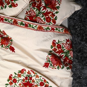 The Fervor Hand Embroidered Cotton Linen Customizable Duvet Cover Bed Sheet Pillowcase Set-Floral Red Orange Uk EU AU Queen King Full Double