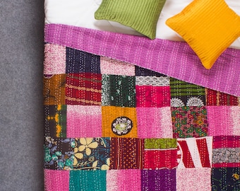 The Melange Patchwork Kantha Quilt-Handmade Bedspread Bedcover Bedding Cotton Throw Blanket Quilted Block-Print Gift Her Him Indian Pink