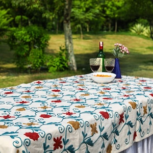 The Churros-Cotton/Linen Hand-Embroidered Rectangle/Square/Round/Oval Custom Size Tablecloth Placemat Napkin-Handmade Suzani Chain Stitch