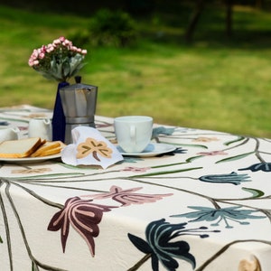 The Waffles-Cotton/Linen Hand-Embroidered Rectangle/Square/Round/Oval Custom Tablecloth Placemat Napkin Set-Pastel Grey Floral One Of A Kind