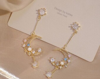 celestial earrings gift for her moon and star earrings northern star earrings free shipping gold star dangle Crescent moon earrings