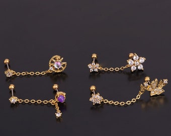 Double Earrings, Earrings for two piercings, Gold earrings , rose gold earrings, Chain earrings , silver , flower chain earrings