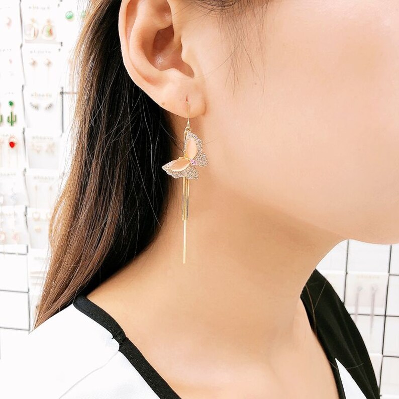 Butterfly Dangle Earrings Korean Earrings Korean Jewelry Dainty Earrings Butterfly Tassel Earrings Gift for Her